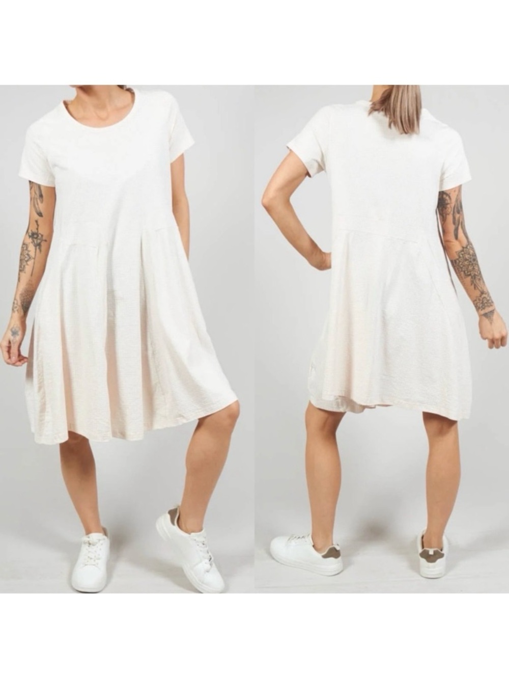 Rundholz Black Label Tunic Dress Flared Hemline Rose Print Check Beige White - Picture 1 of 12